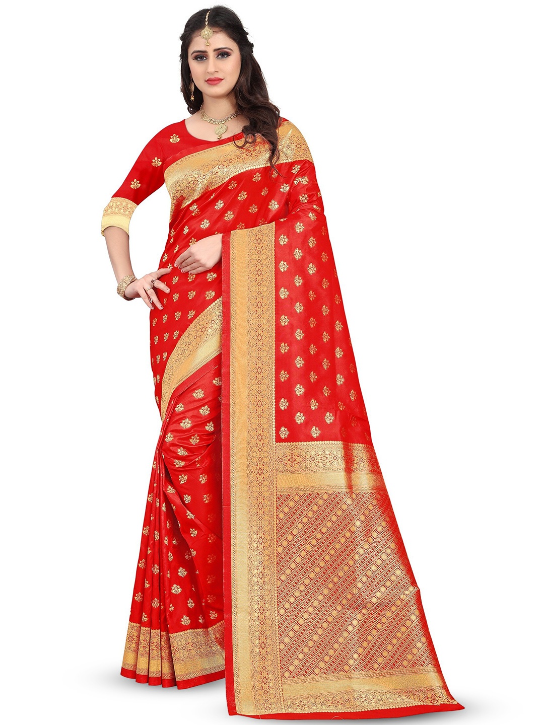 

THE WOMEN DECOR Ethnic Motifs Woven Design Zari Banarasi Saree, Red