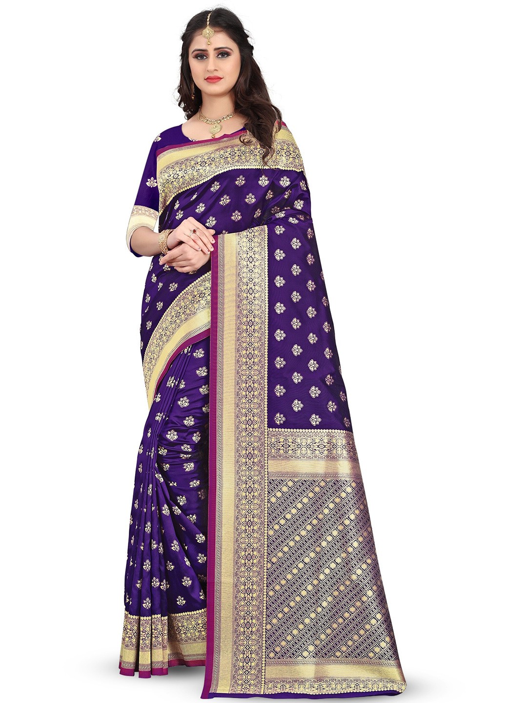 

THE WOMEN DECOR Ethnic Motifs Woven Designed Zari Banarasi Saree, Purple