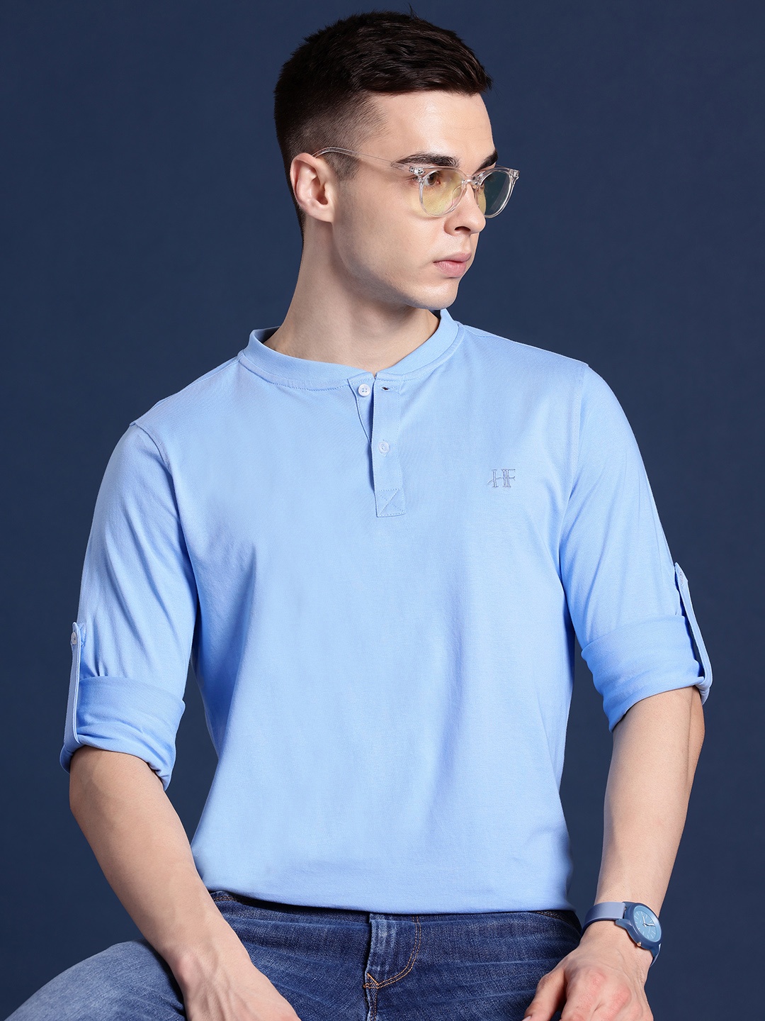 

Hancock Men Henley Neck Roll-Up Sleeves Pure Cotton Bio Finish T-shirt, Blue