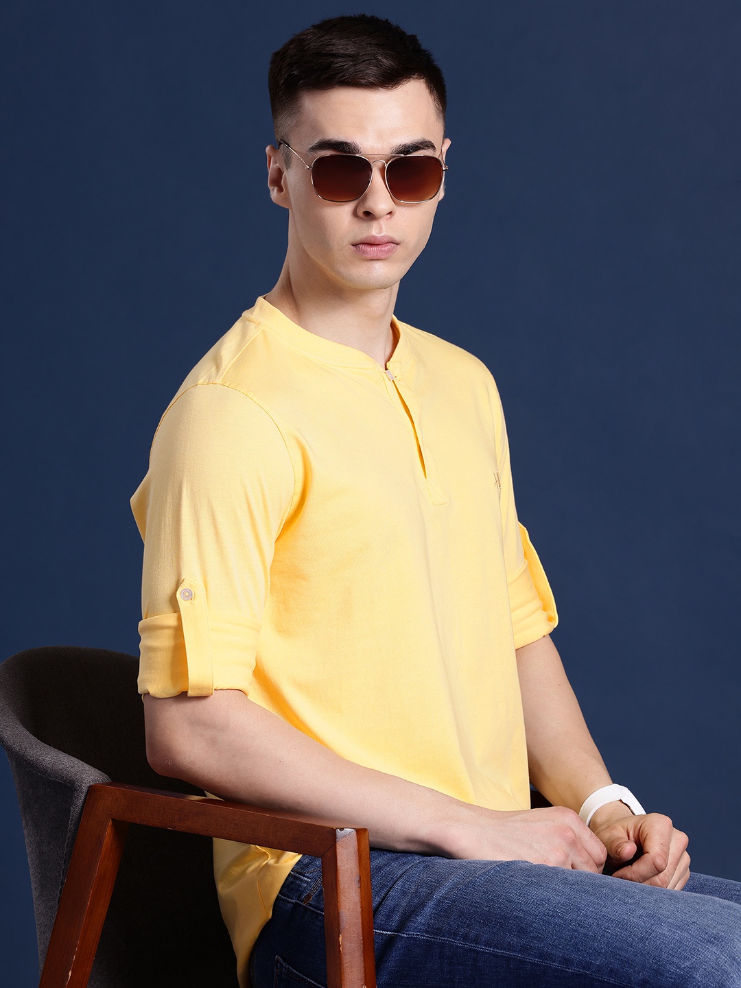 

Hancock Men Henley Neck Roll-Up Sleeves Pure Cotton T-shirt, Yellow