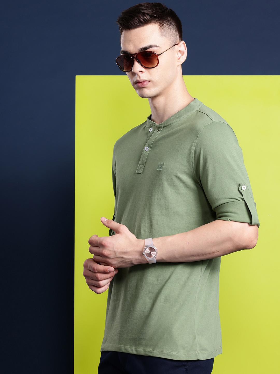 

Hancock Men Henley Neck Roll-Up Sleeves Pure Cotton T-shirt, Olive