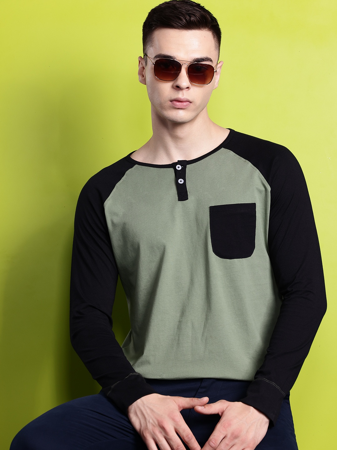 

Hancock Men Colourblocked Pure Pure Cotton Pocket T-shirt, Olive