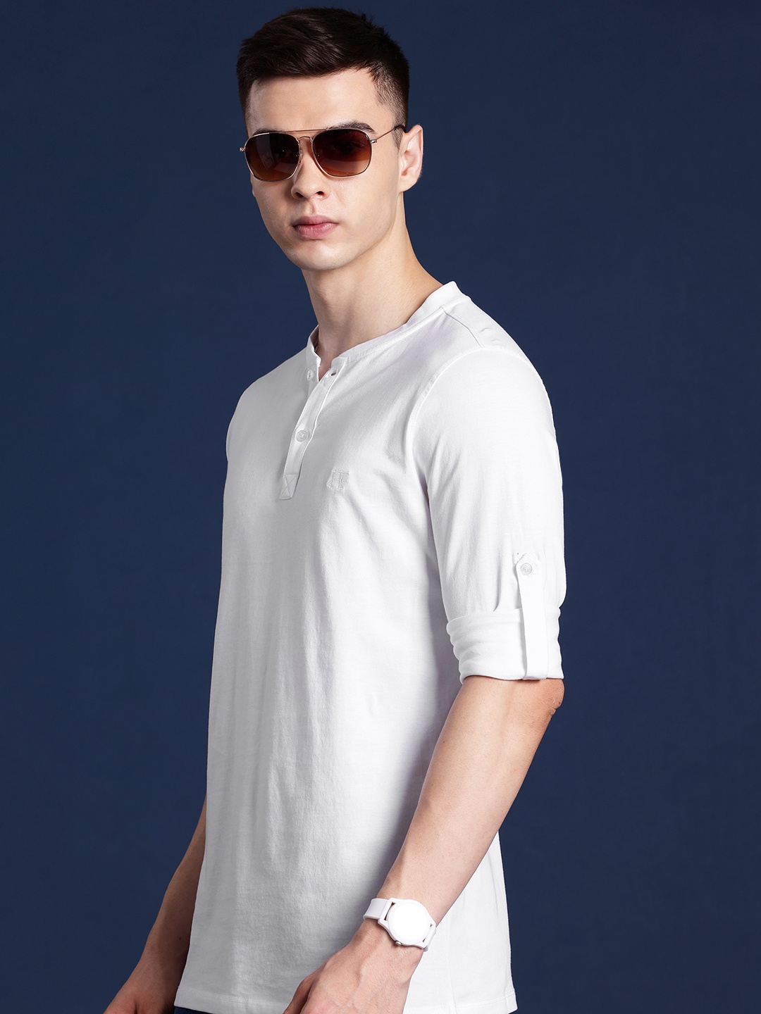 

Hancock Men Henley Neck Roll-Up Sleeves Pure Cotton T-shirt, White
