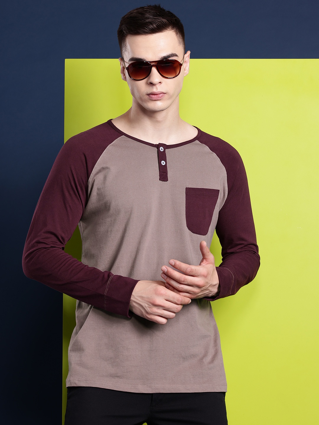 Hancock Men Colourblocked Pure Cotton Pocket T-shirt, Mauve