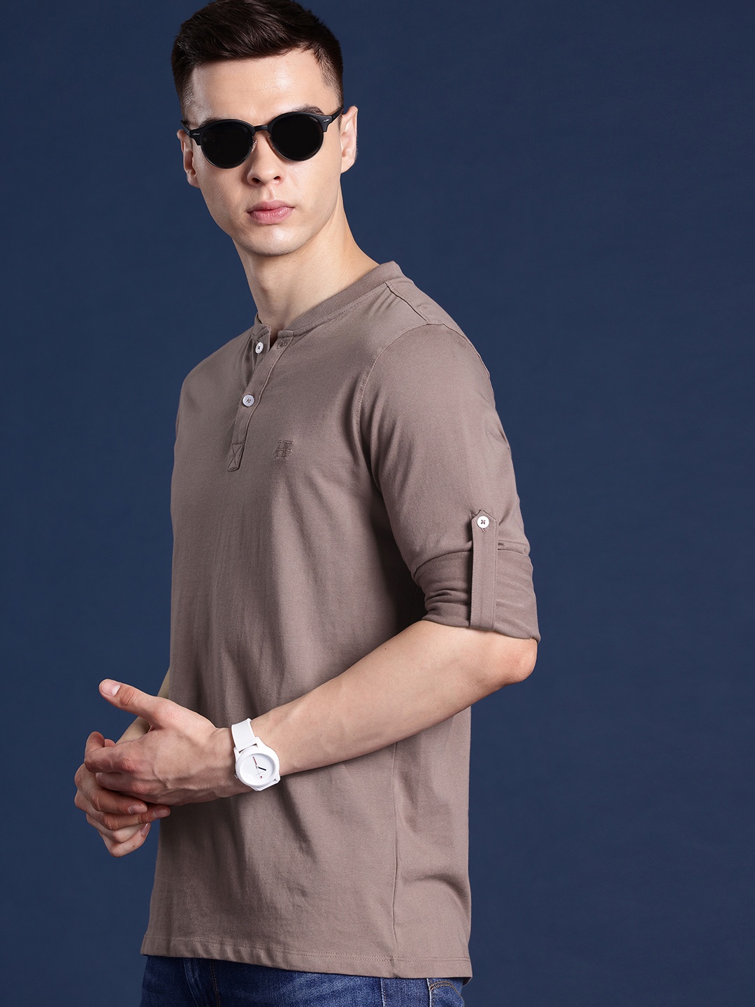

Hancock Men Henley Neck Roll-Up Sleeves Pure Cotton T-shirt, Mauve