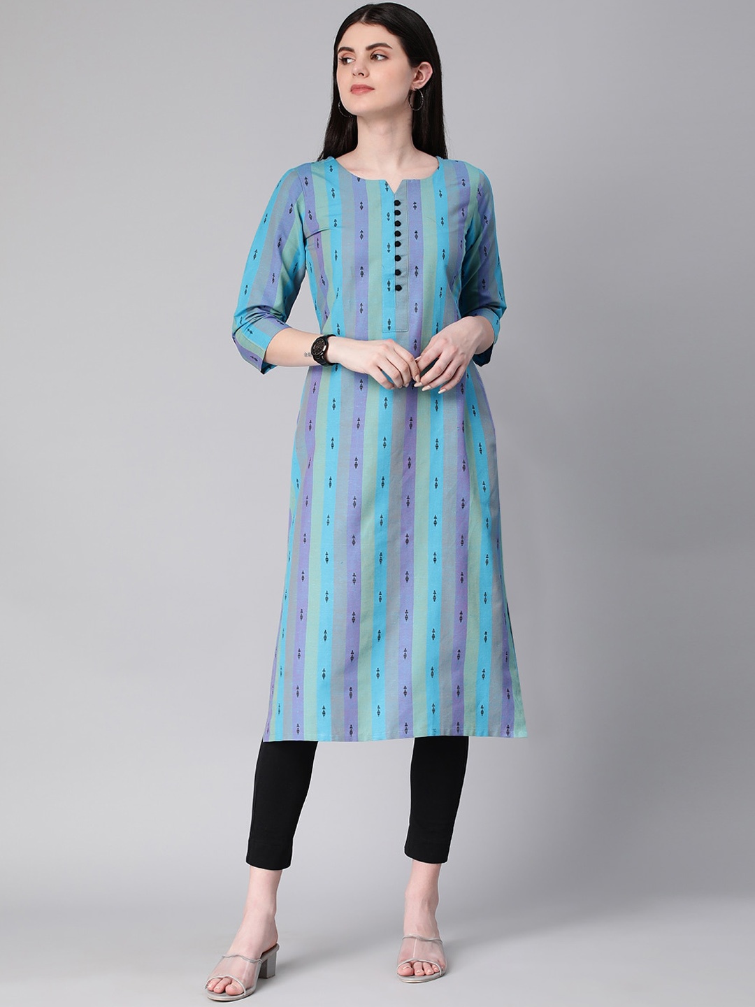 

KALINI Ethnic Motifs Embroidered Thread Work Straight Kurta, Blue
