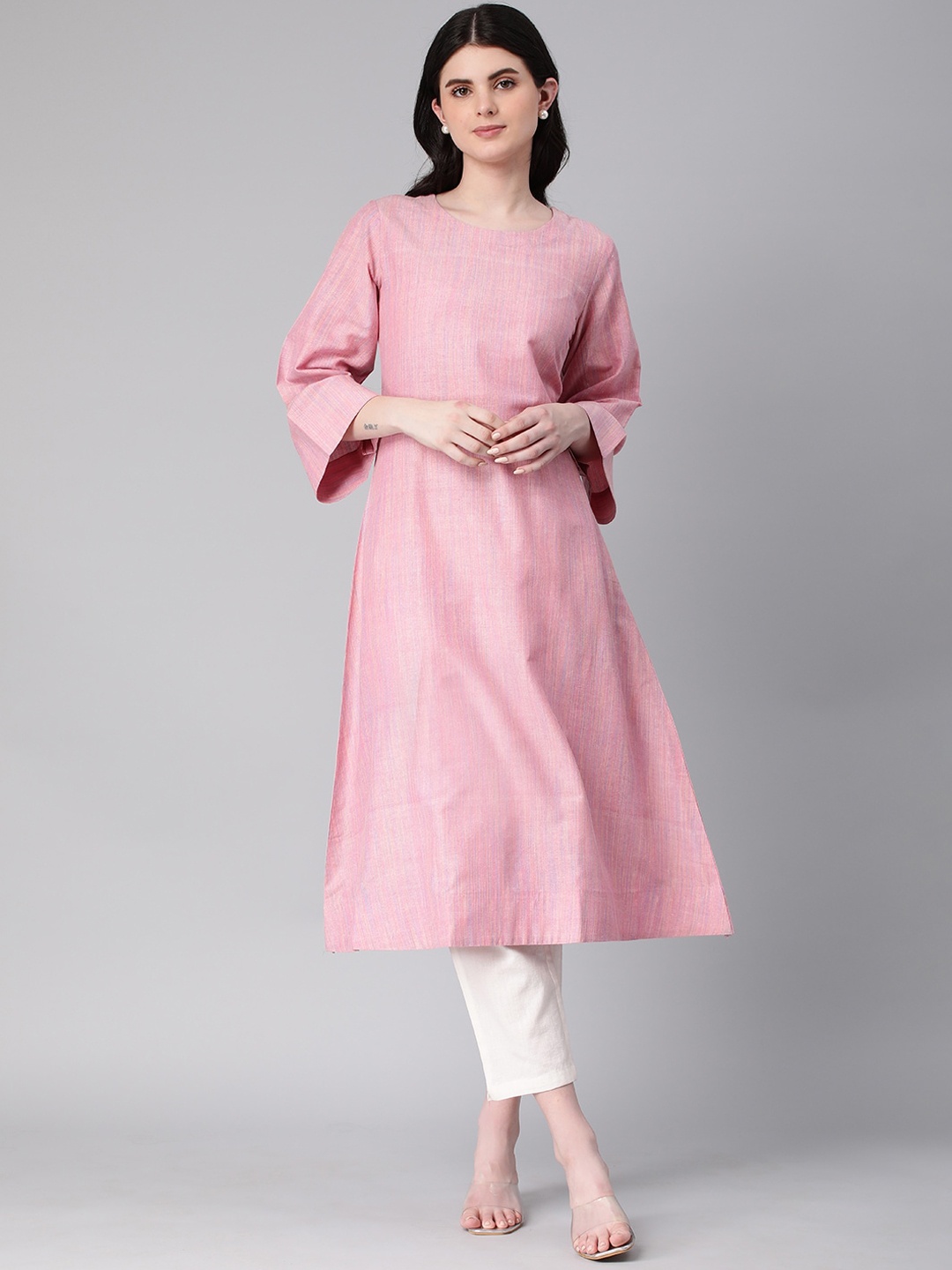 

KALINI Striped Self-Design Flared Sleeves A-Line Kurta, Pink
