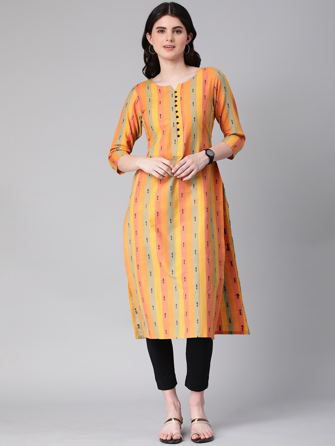 

KALINI Striped Thread Work Straight Kurta, Yellow