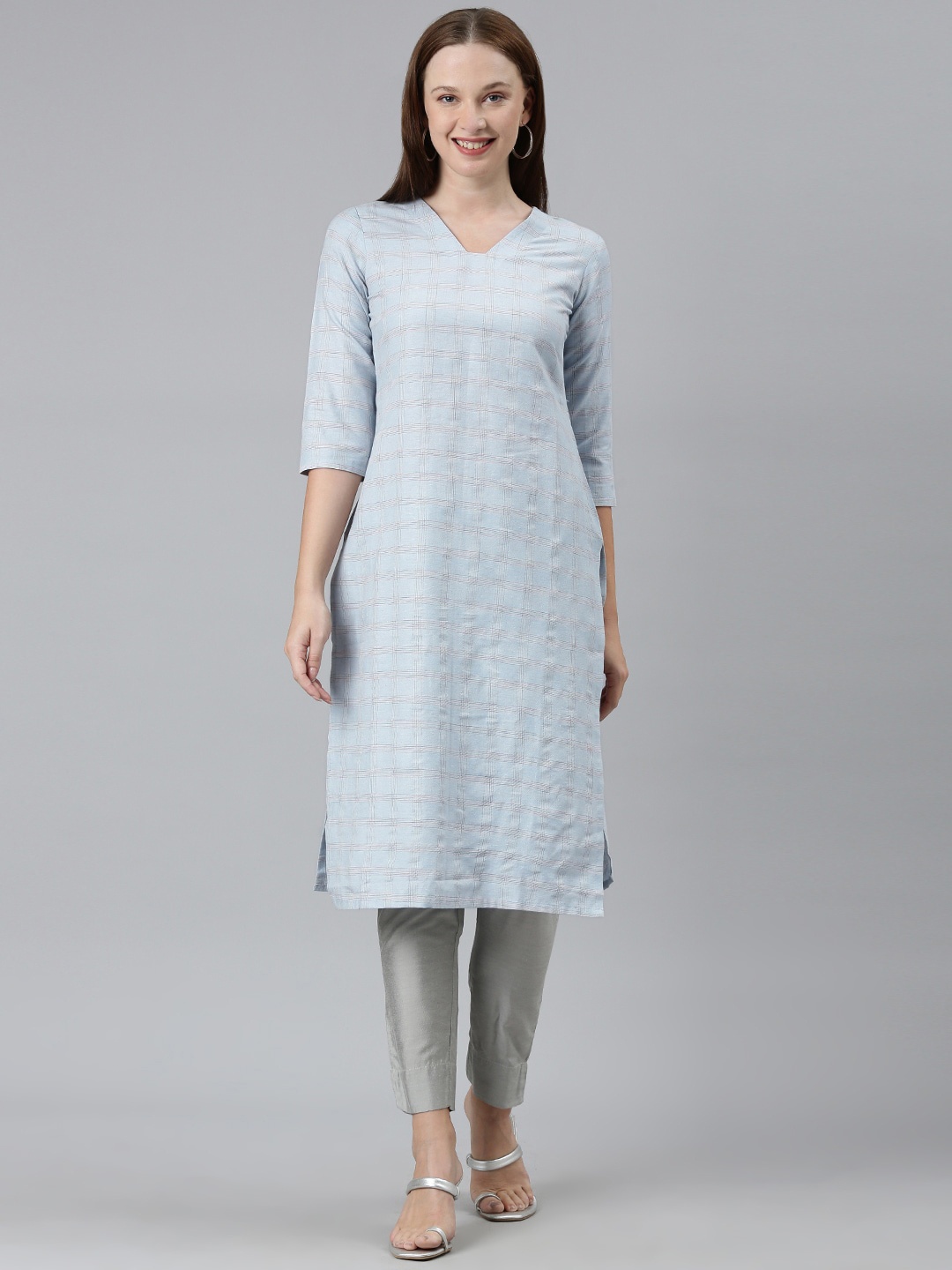 

KALINI Checked V-Neck Straight Kurta, Blue