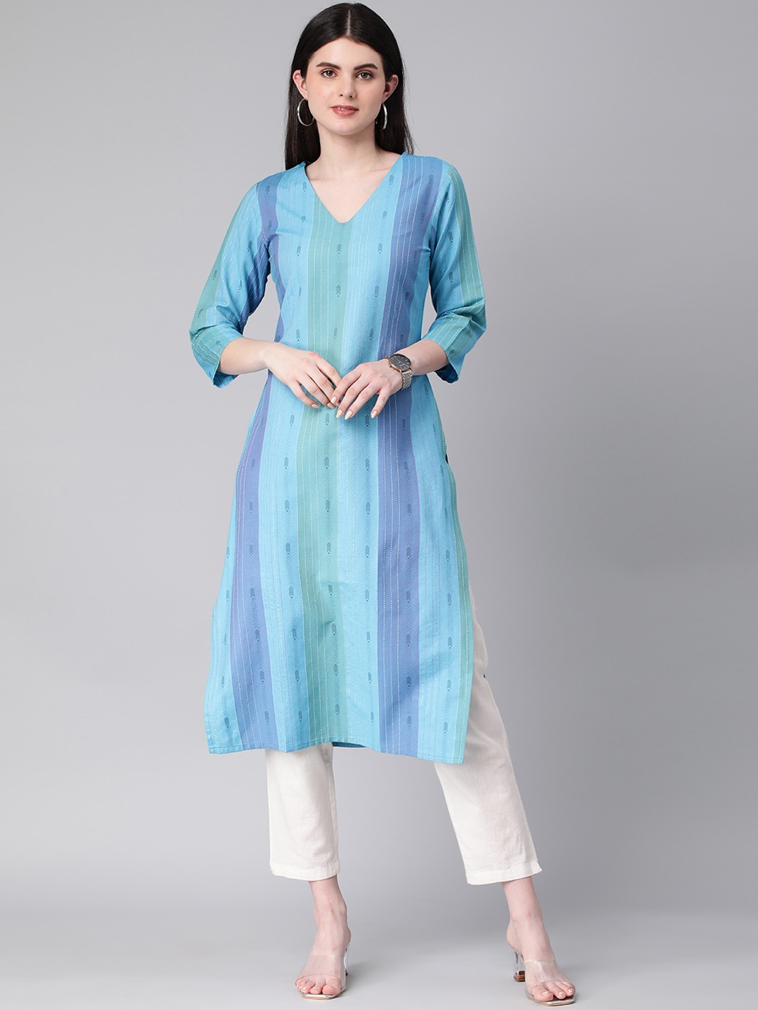 

KALINI Striped V-Neck Three-Quarter Sleeves Straight Kurta, Blue