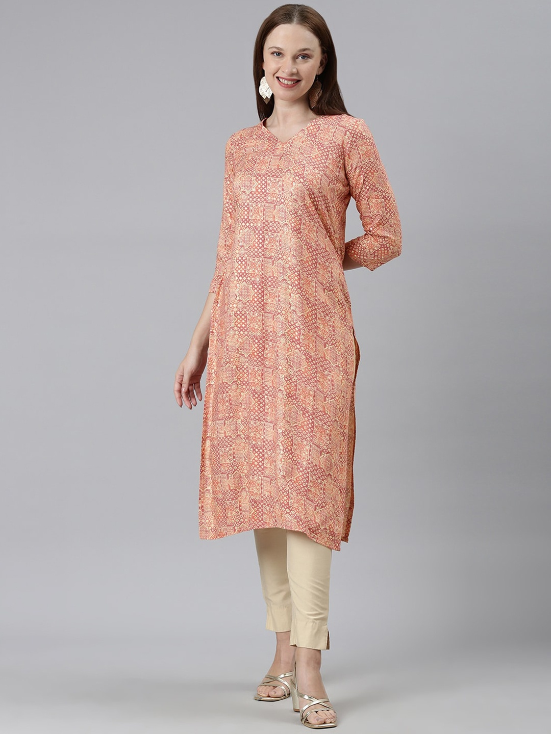 

KALINI Ethnic Motifs Printed V-Neck Straight Kurta, Pink
