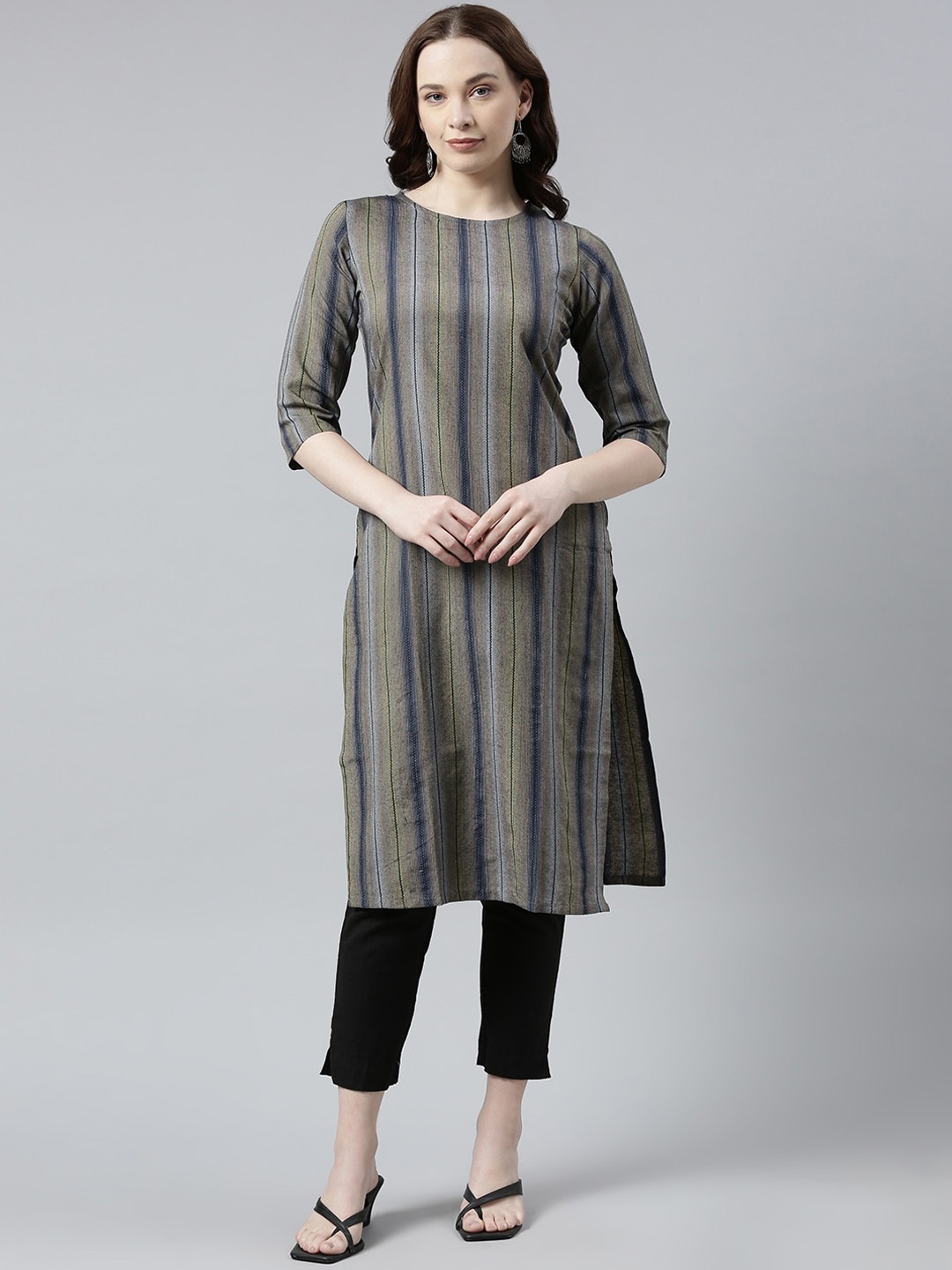 

KALINI Striped Boat Neck Straight Kurta, Blue