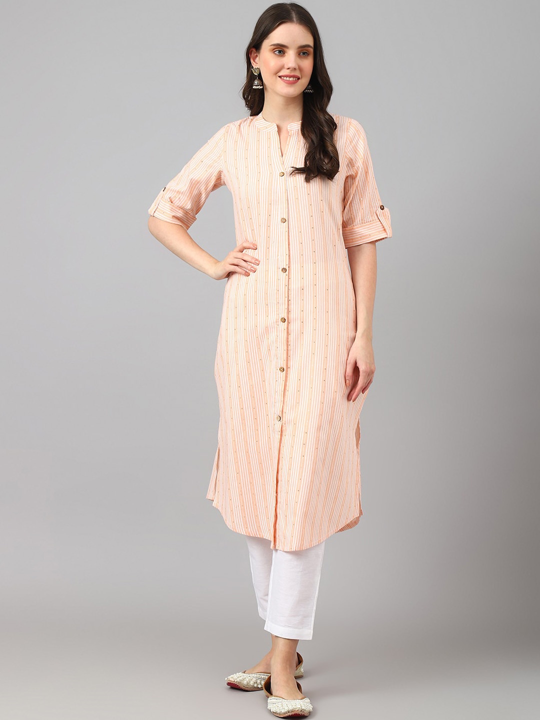 

KALINI Striped Mandarin Collar Straight Kurta, Peach