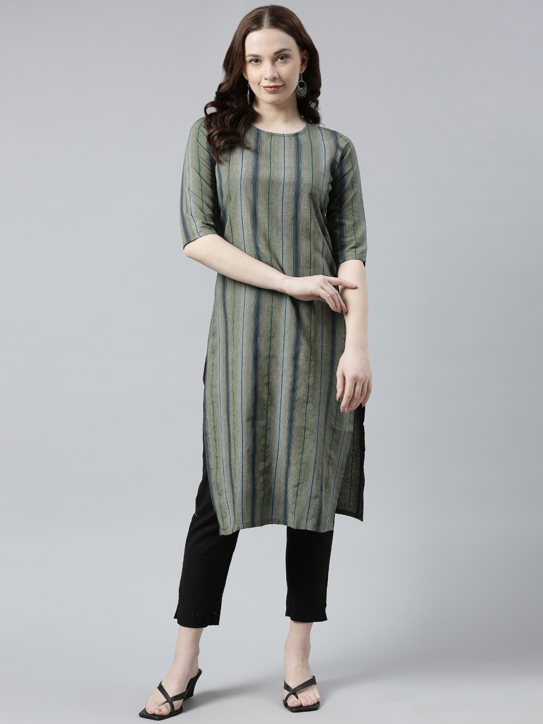 

KALINI Striped Round Neck Thread Work Pleated Straight Kurta, Green