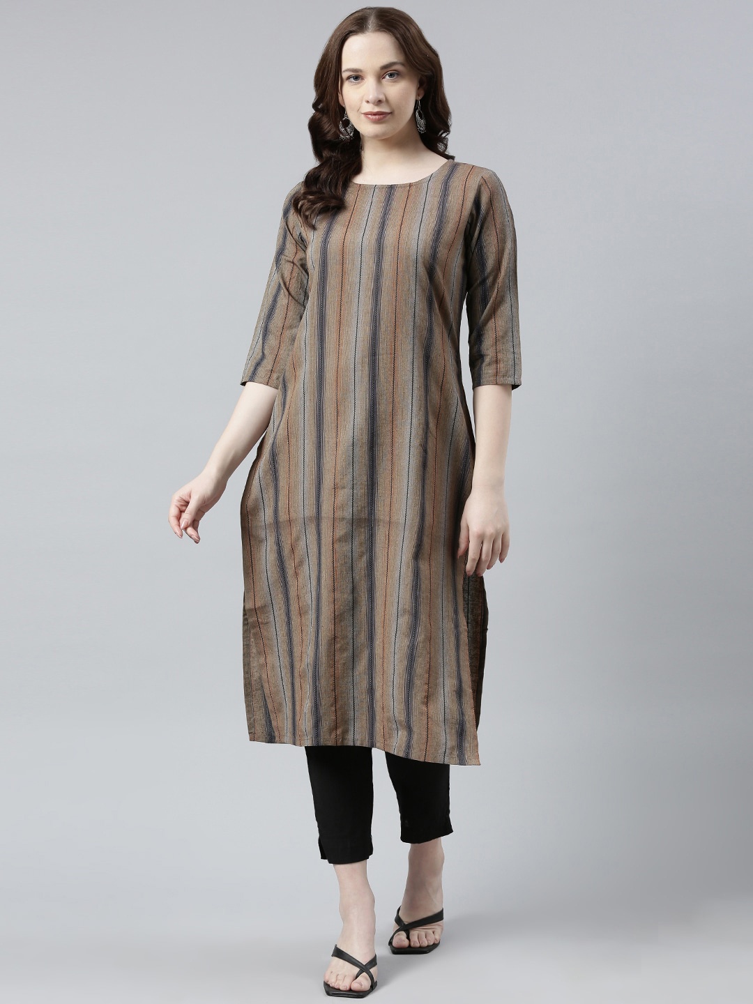 

KALINI Striped Woven Design Straight Kurta, Orange