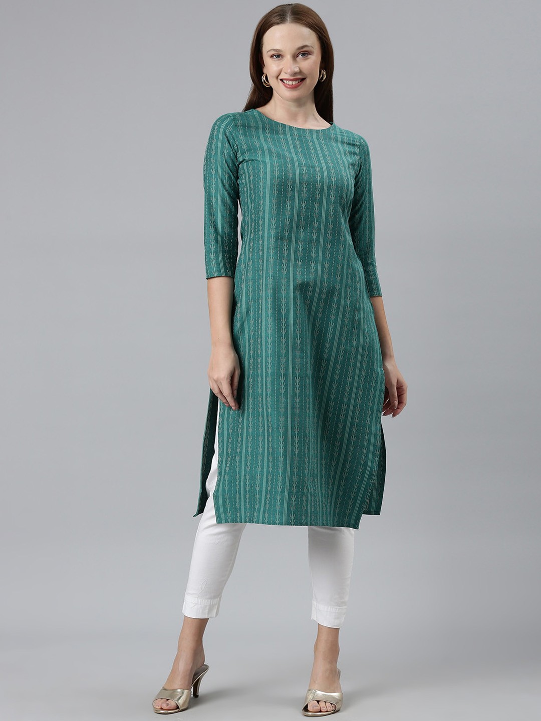 

KALINI Striped Round Neck Straight Kurta, Turquoise blue