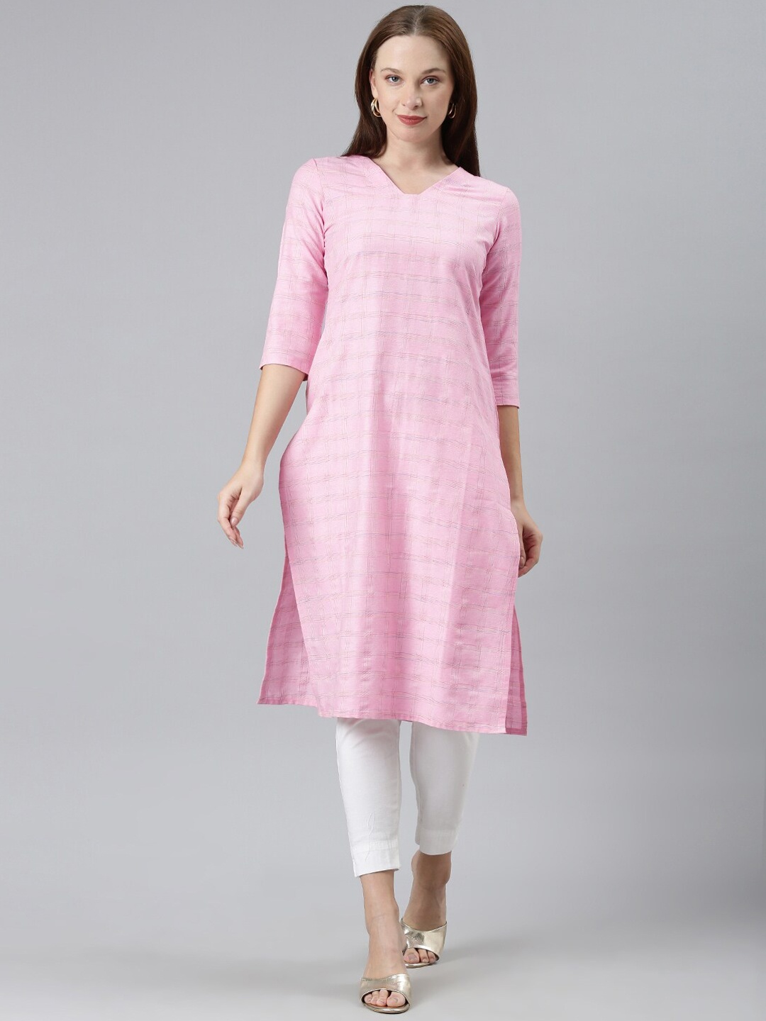 

KALINI Checked V-Neck Straight Kurta, Pink