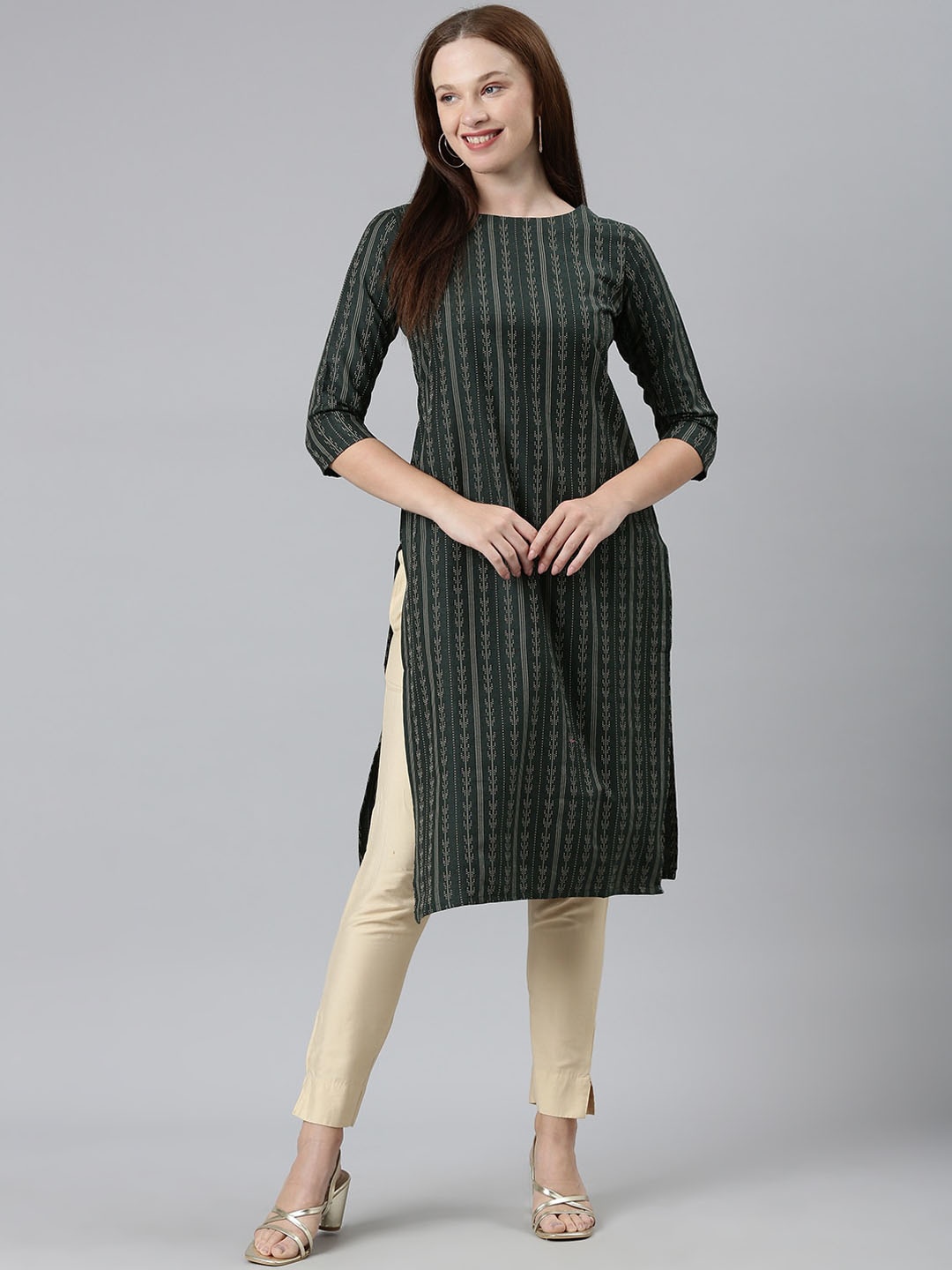 

KALINI Striped Straight Kurta, Green