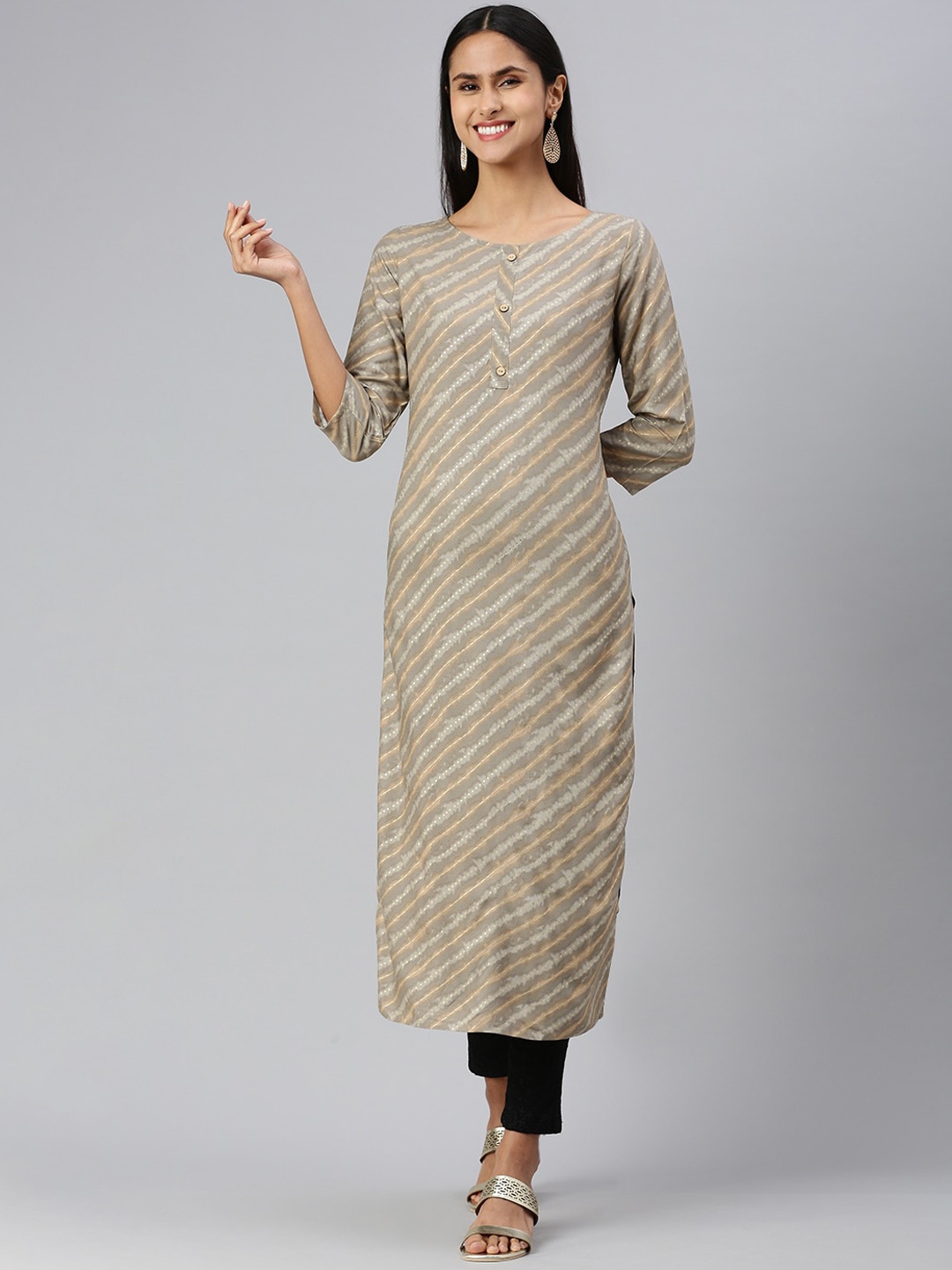 

KALINI Striped Gotta Patti Empire Round Neck A-Line Kurta, Grey