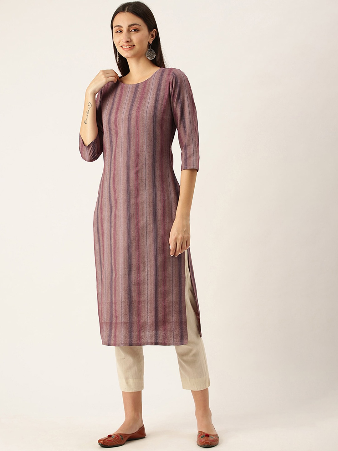 

KALINI Striped Woven Design Straight Kurta, Pink