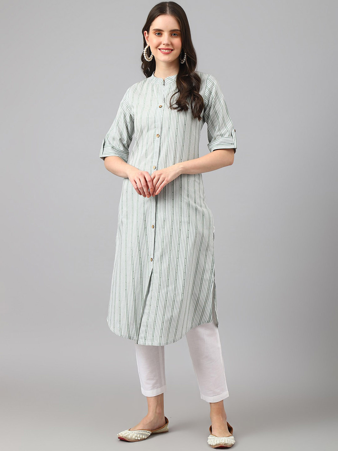 

KALINI Striped Sequinned Shirt Collar Roll-Up Sleeves Straight Kurta, Green