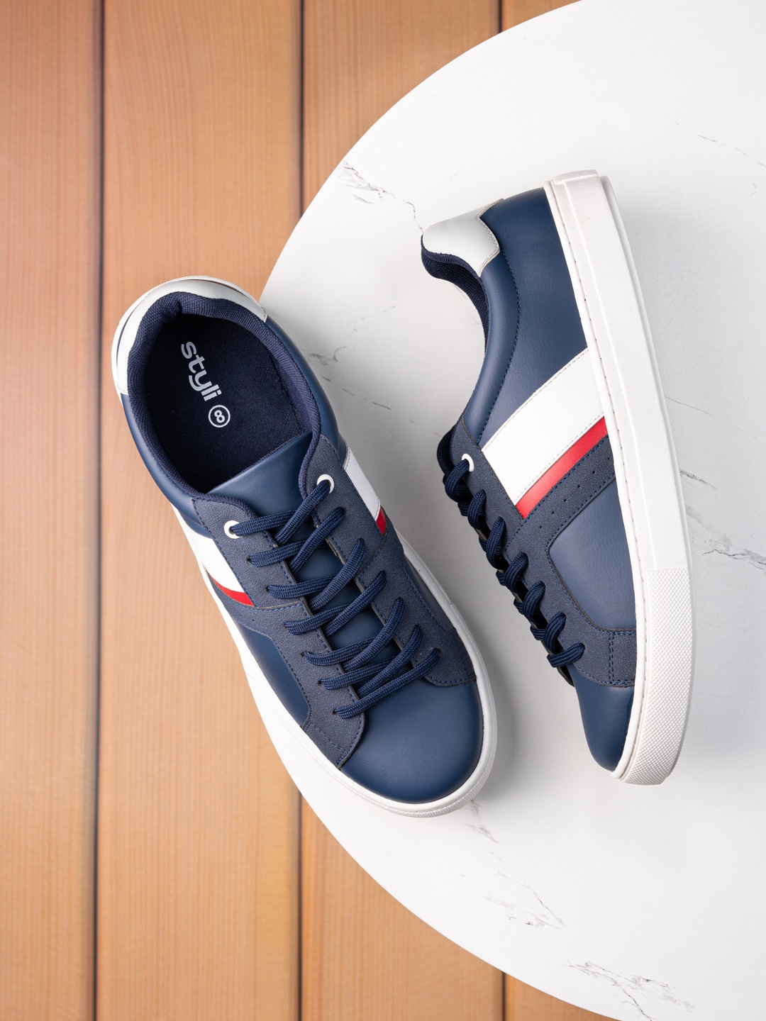 

Styli Men Navy Blue Comfort Insole Contrast Sole Lace-Up Sneakers