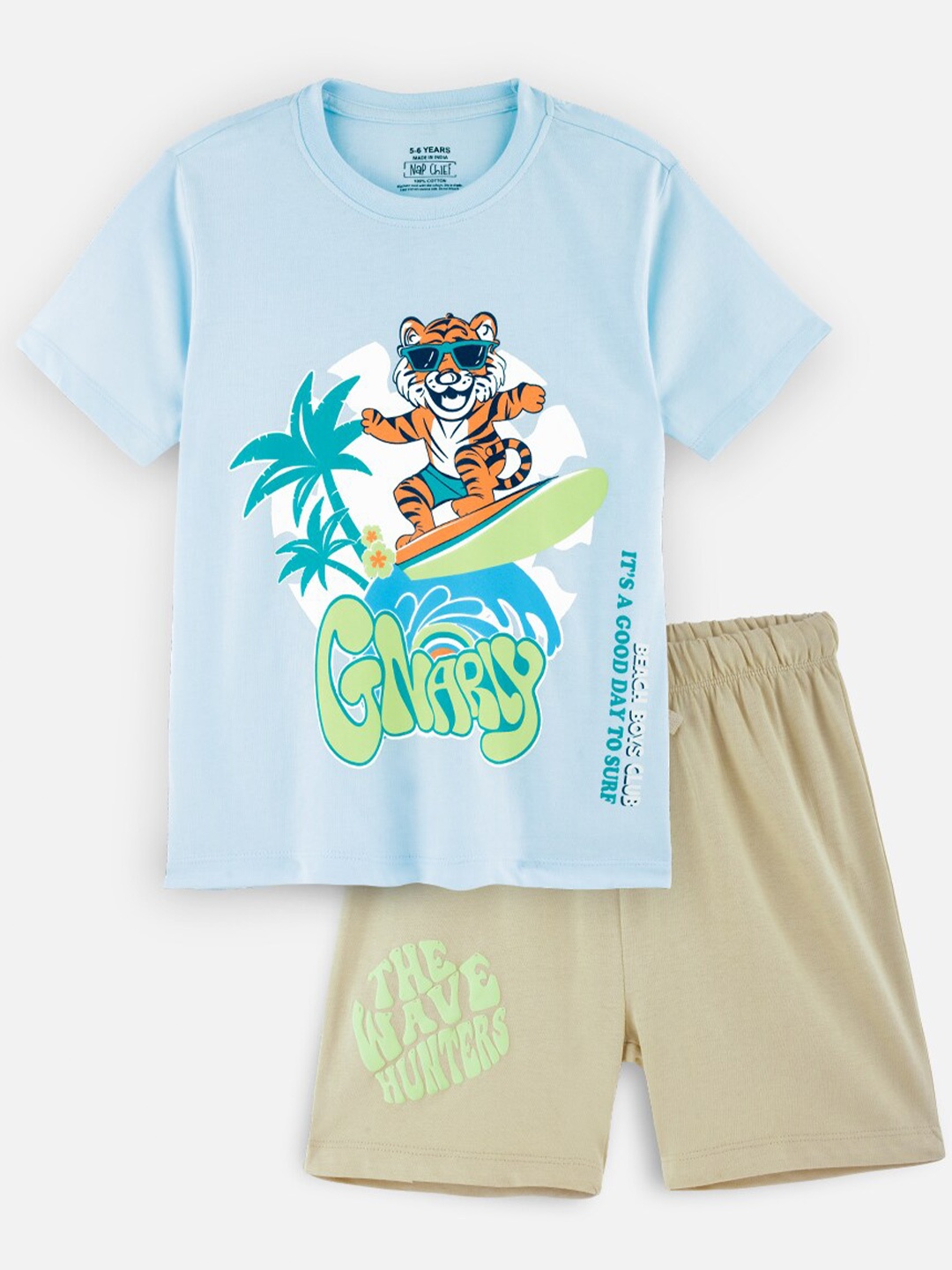 

Nap Chief Kids Tiger Printed Pure Cotton T-shirt with Shorts, Blue