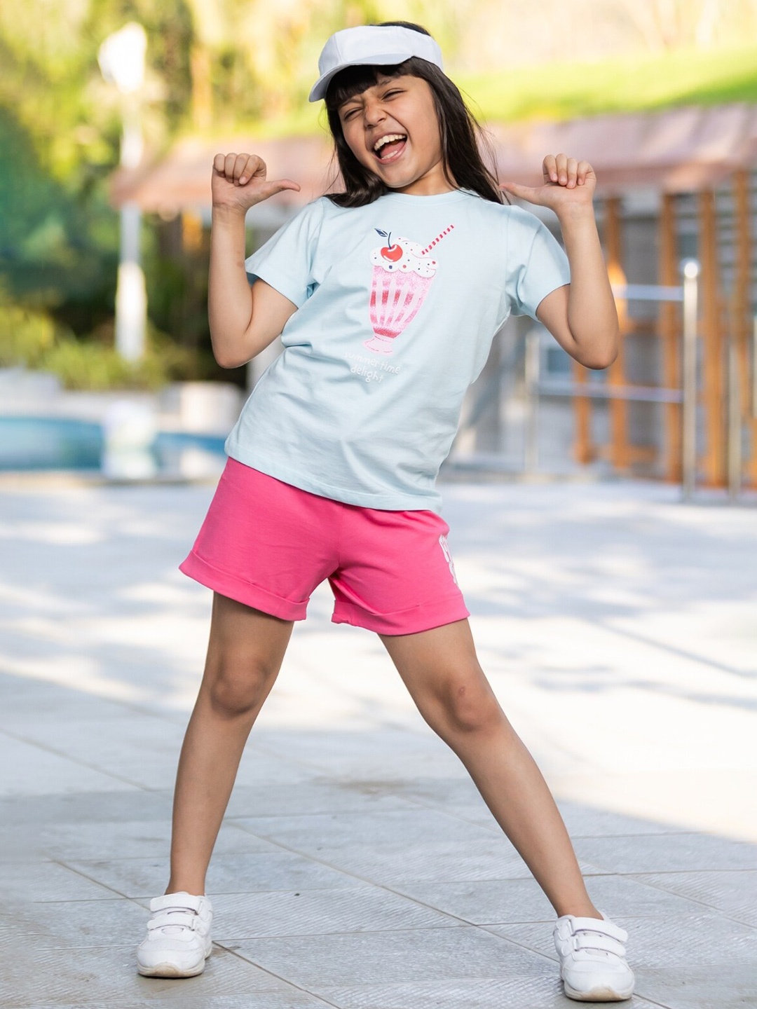 

Nap Chief Girls Milkshake Printed Pure Cotton T-shirt with Shorts, Blue