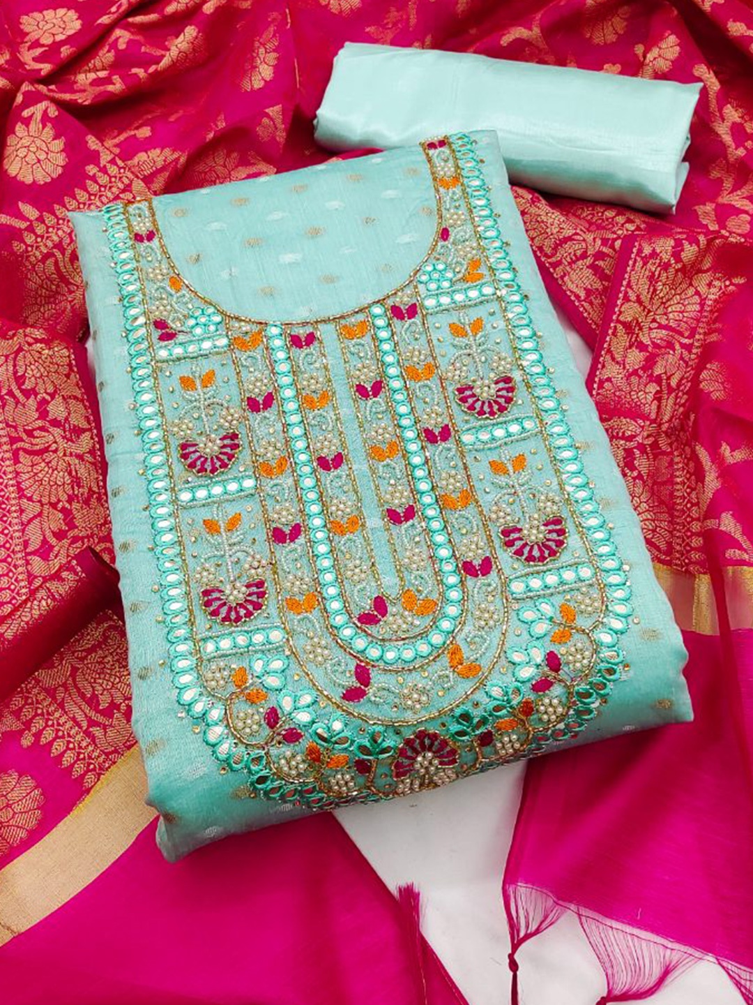 

MAHALASA Ethnic Motifs Embroidered Pure Cotton Unstitched Dress Material, Sea green