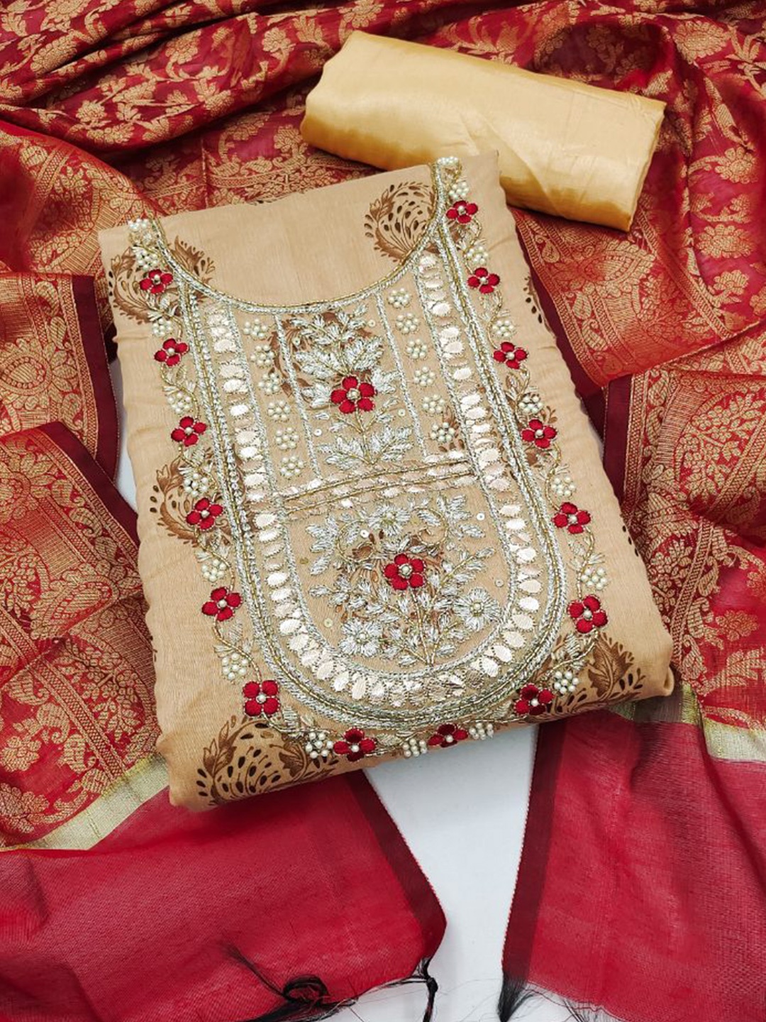 

MAHALASA Embroidered Pure Cotton Unstitched Dress Material, Mustard