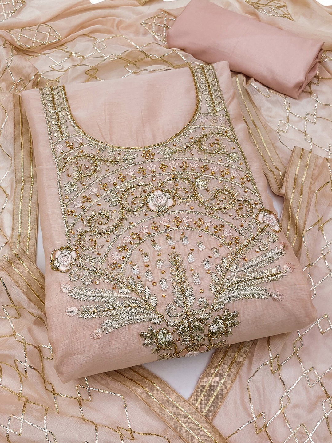 

MAHALASA Ethnic Motifs Woven Design Pure Cotton Unstitched Dress Material, Peach