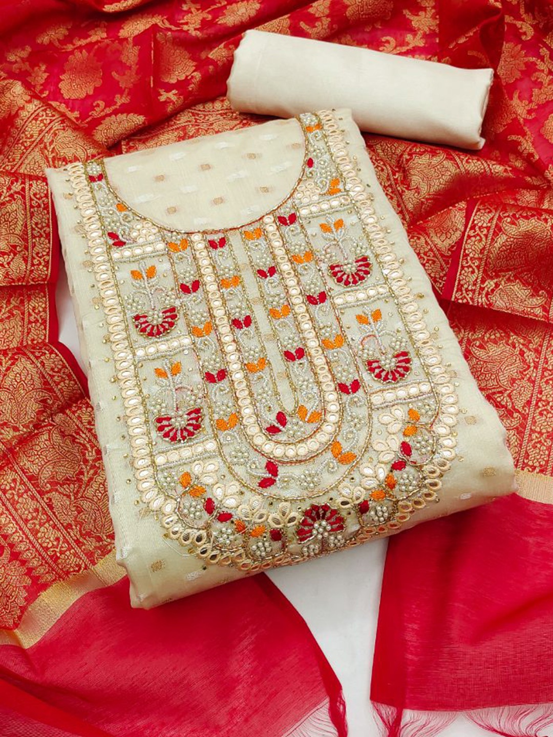 

MAHALASA Ethnic Motifs Embroidered Pure Cotton Unstitched Dress Material, Cream