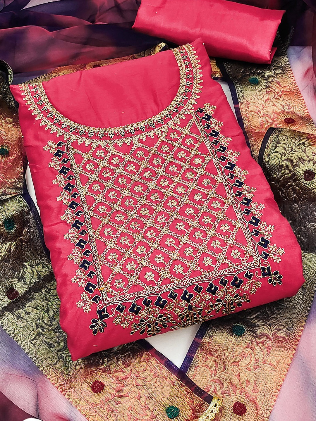 

MAHALASA Ethnic Motifs Pure Cotton Unstitched Dress Material, Pink