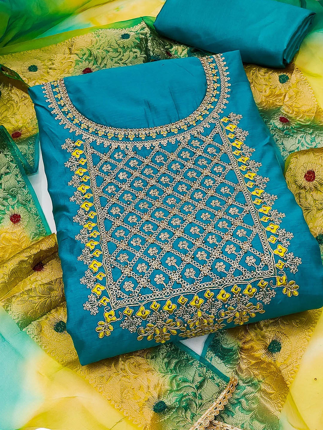 

MAHALASA Ethnic Motifs Embroidered Pure Cotton Unstitched Dress Material, Turquoise blue