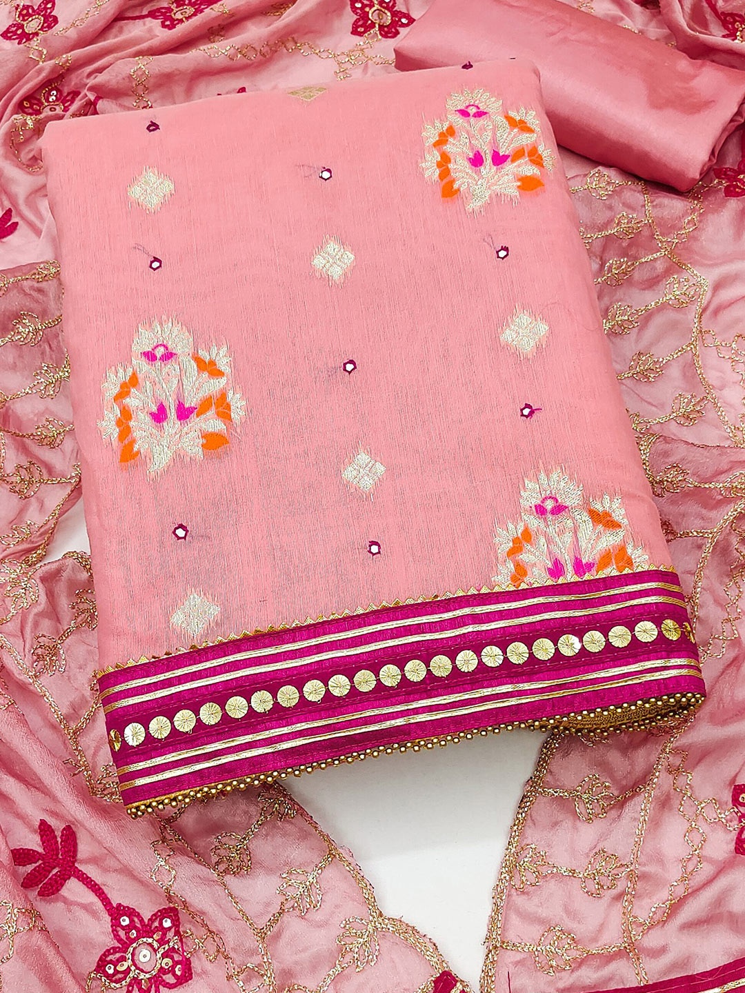 

MAHALASA Ethnic Motifs Embroidered Pure Cotton Unstitched Dress Material, Pink