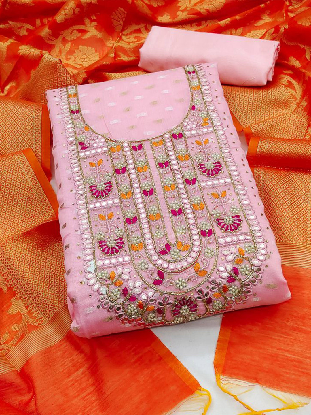 

MAHALASA Ethnic Motifs Woven Design Pure Cotton Unstitched Dress Material, Pink