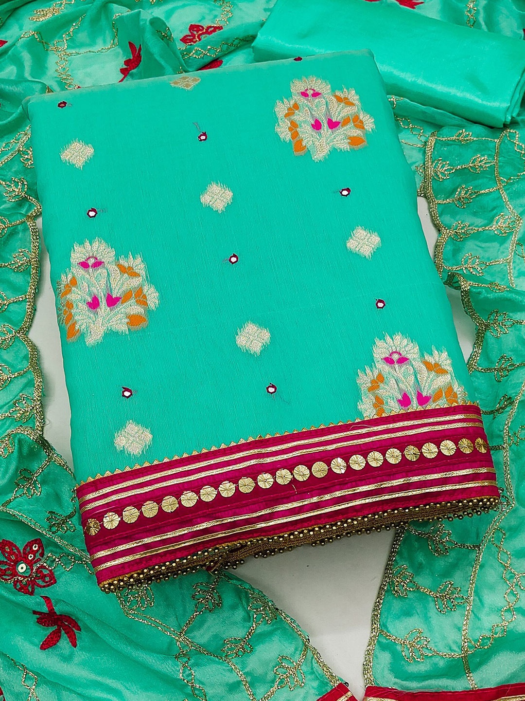 

MAHALASA Ethnic Motifs Embroidered Pure Cotton Unstitched Dress Material, Turquoise blue