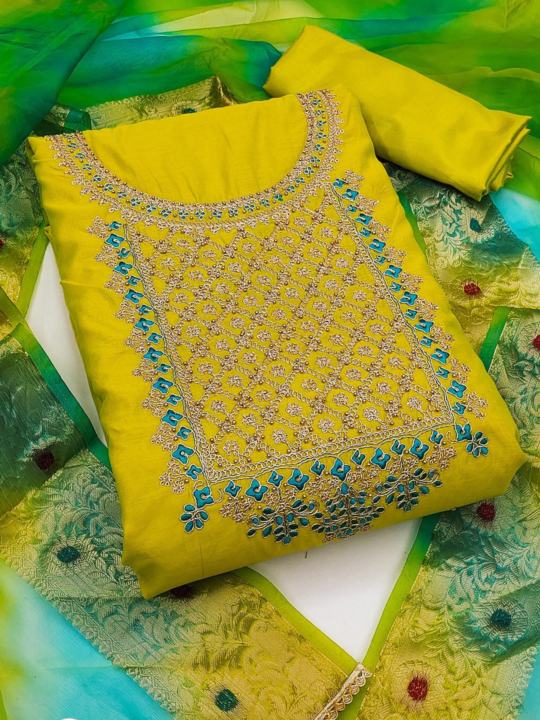 

MAHALASA Ethnic Motifs Embroidered Pure Cotton Unstitched Dress Material, Yellow