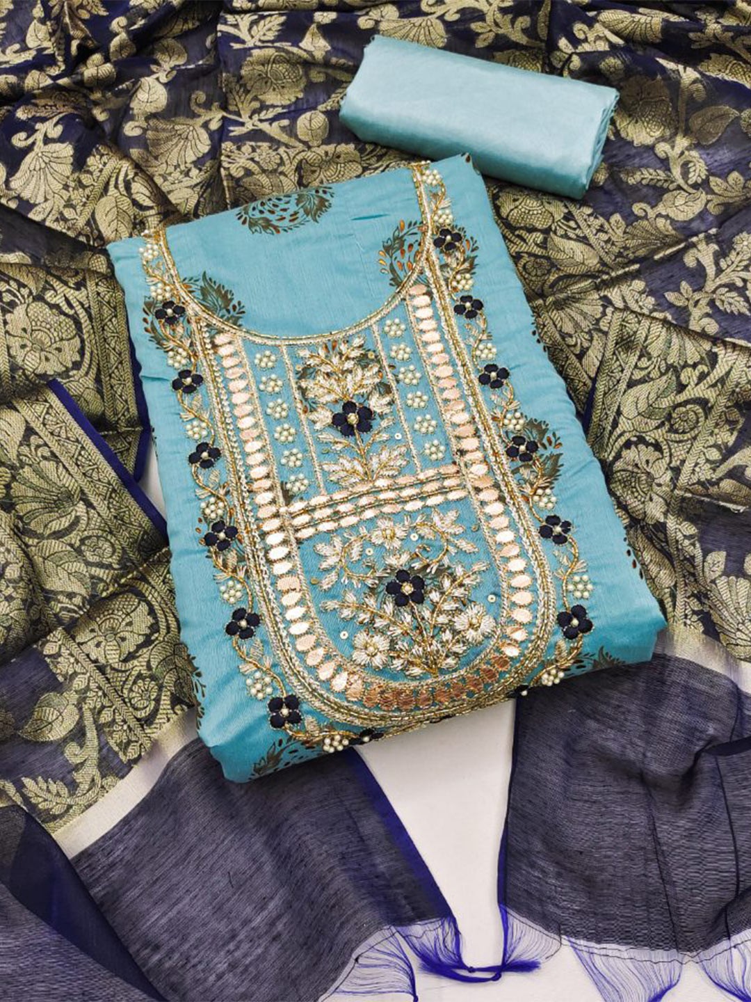 

MAHALASA Ethnic Motifs Pure Cotton Unstitched Dress Material, Blue