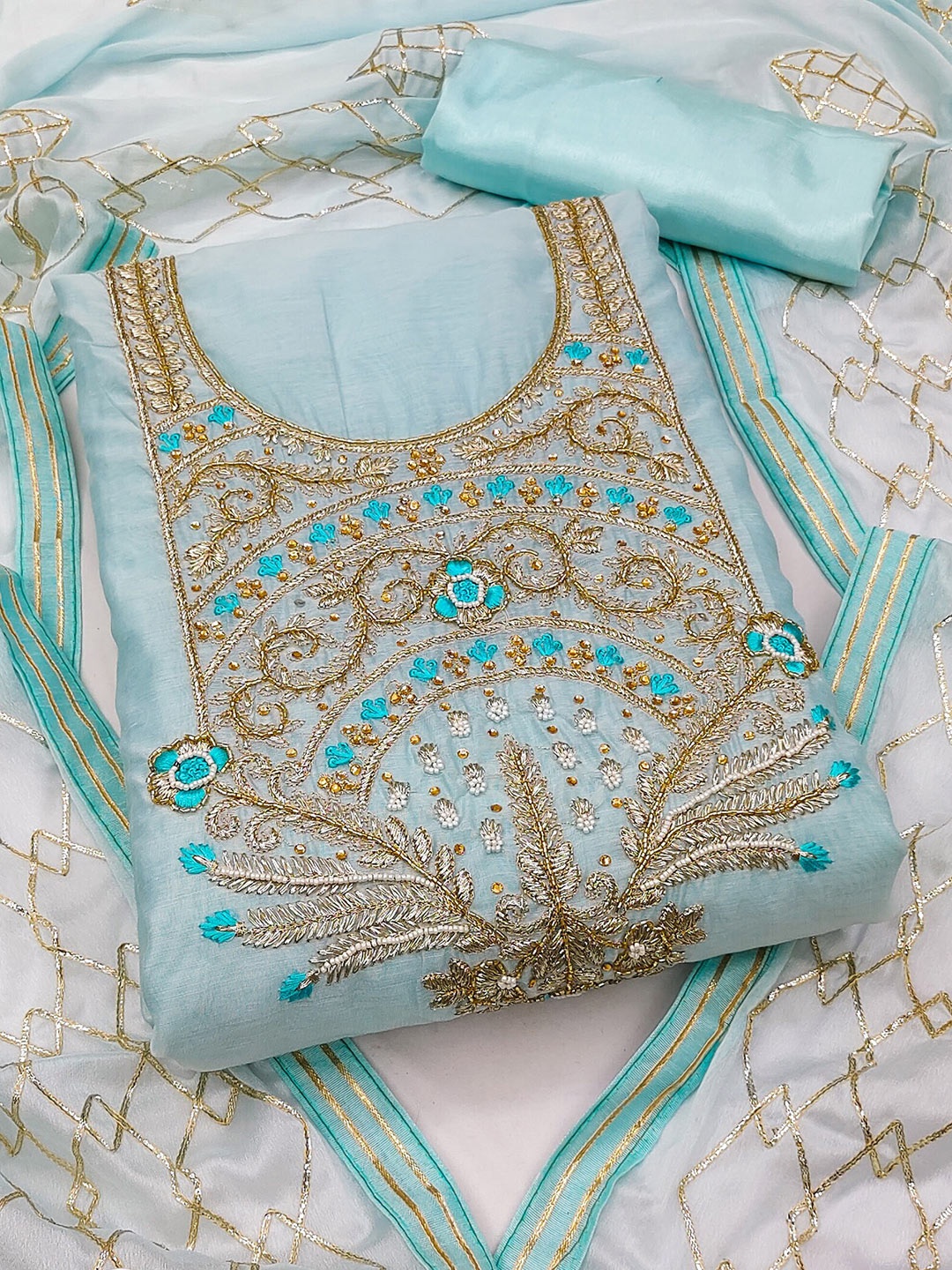 

MAHALASA Ethnic Motifs Woven Design Pure Cotton Unstitched Dress Material, Blue