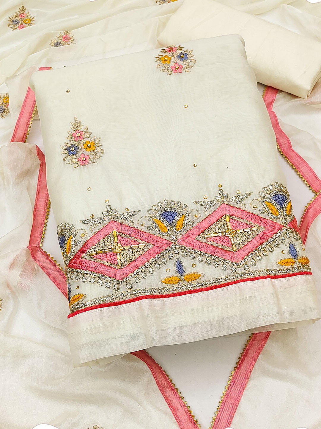 

MAHALASA Floral Embroidered Pure Cotton Unstitched Dress Material, Off white