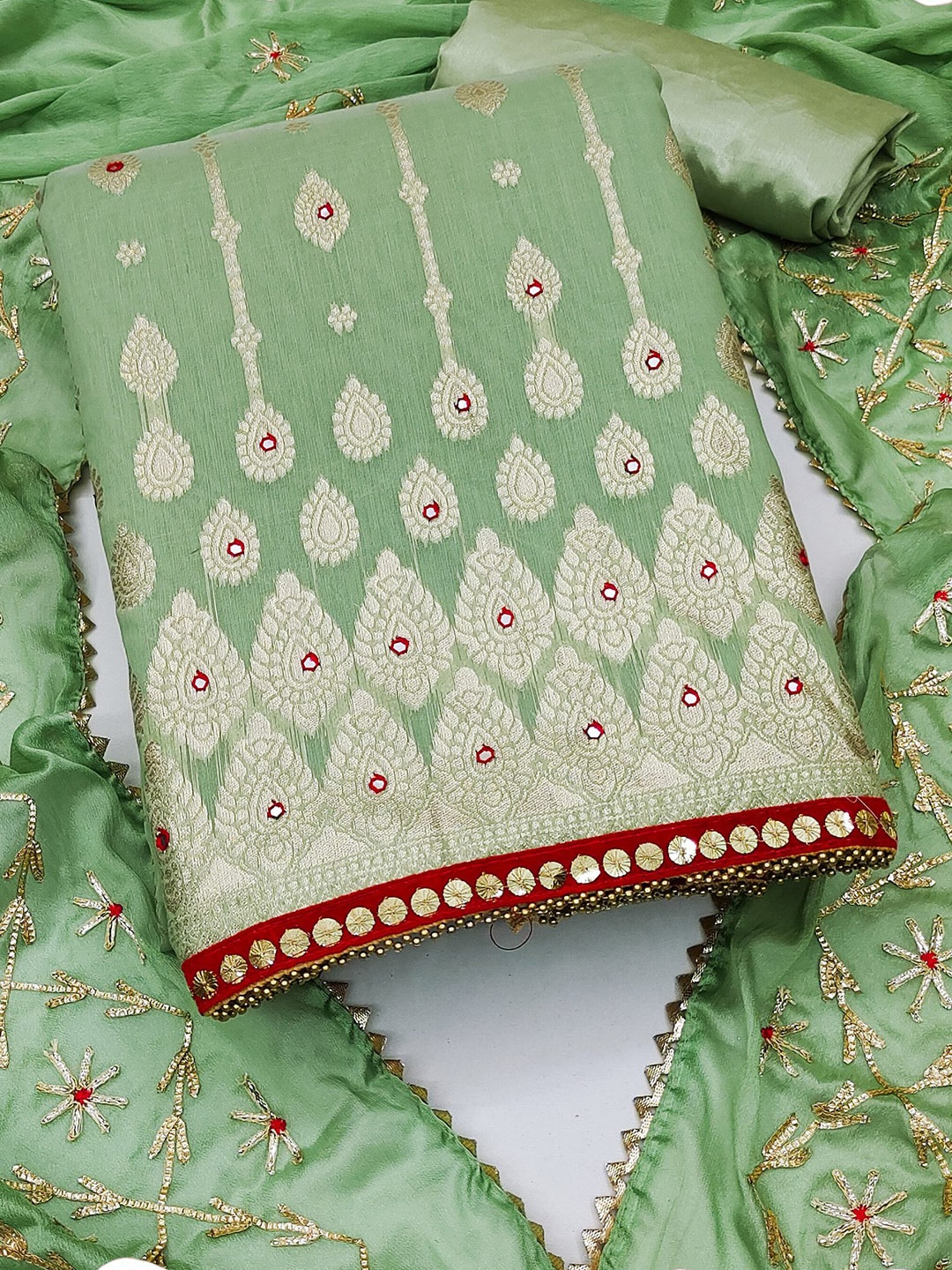 

MAHALASA Ethnic Motifs Mirror Work Pure Cotton Unstitched Dress Material, Green