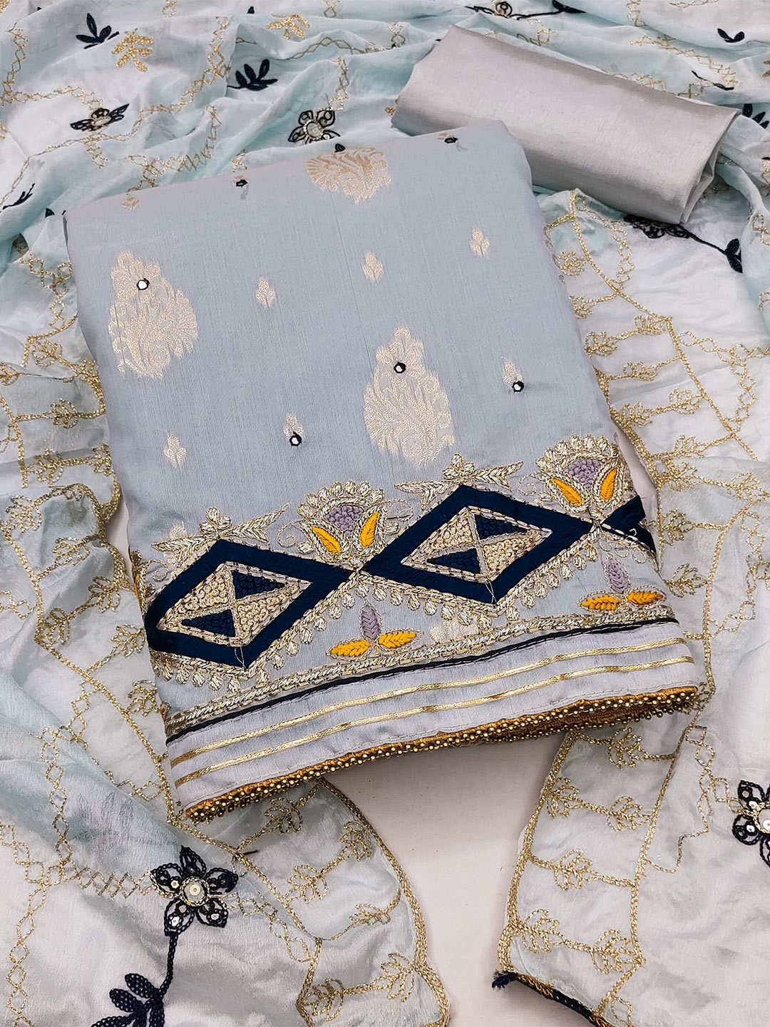 

MAHALASA Ethnic Motifs Embroidered Pure Cotton Unstitched Dress Material, Blue