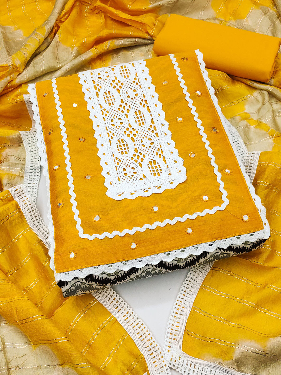 

MAHALASA Ethnic Motifs Mirror Work Pure Cotton Unstitched Dress Material, Yellow