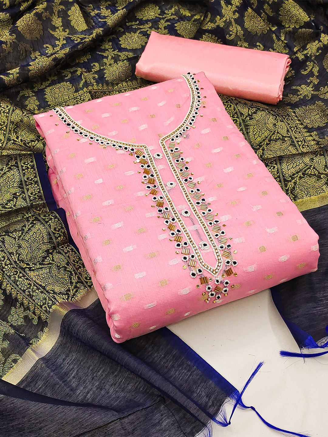 

MAHALASA Ethnic Motifs Embroidered Pure Cotton Unstitched Dress Material, Pink