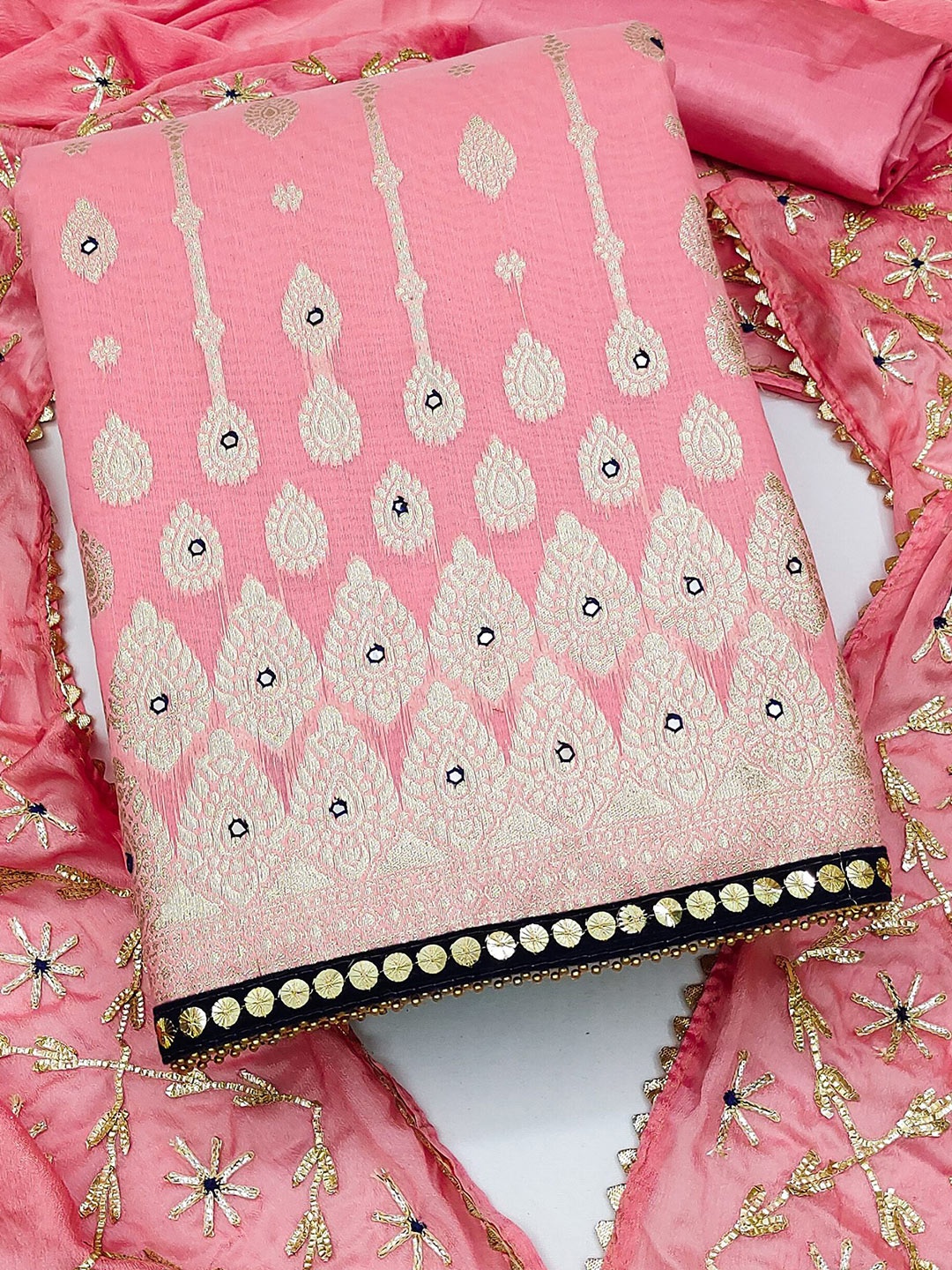 

MAHALASA Ethnic Motifs Pure Cotton Unstitched Dress Material, Pink