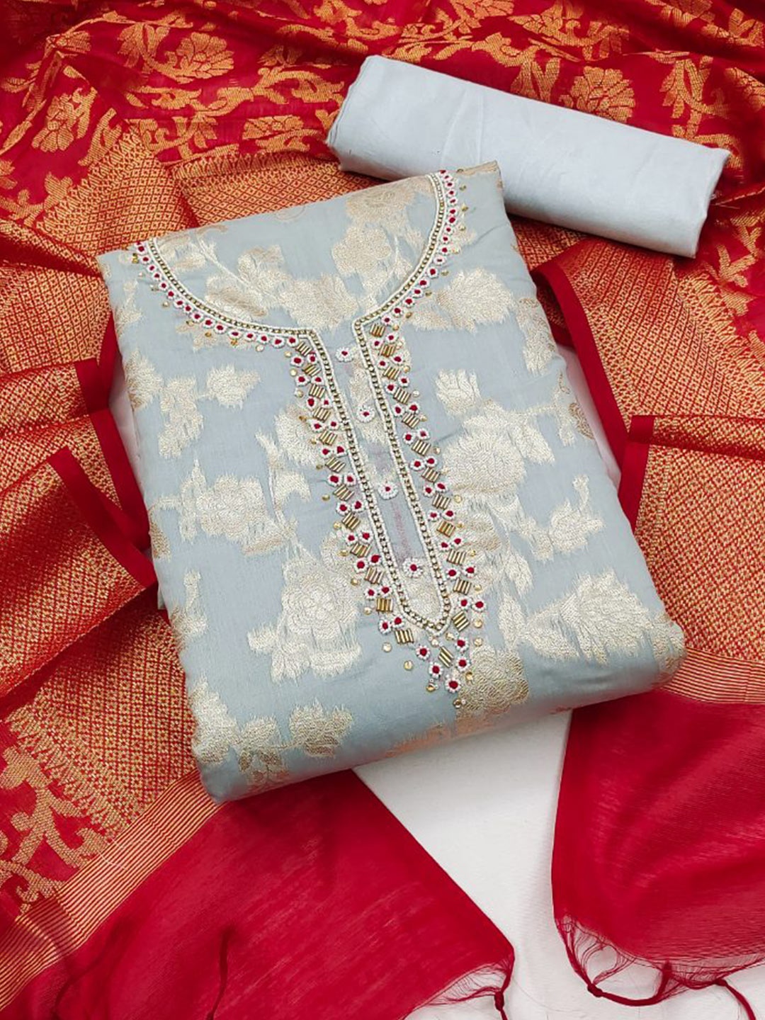 

MAHALASA Ethnic Motifs Embroidered Pure Cotton Unstitched Dress Material, Blue