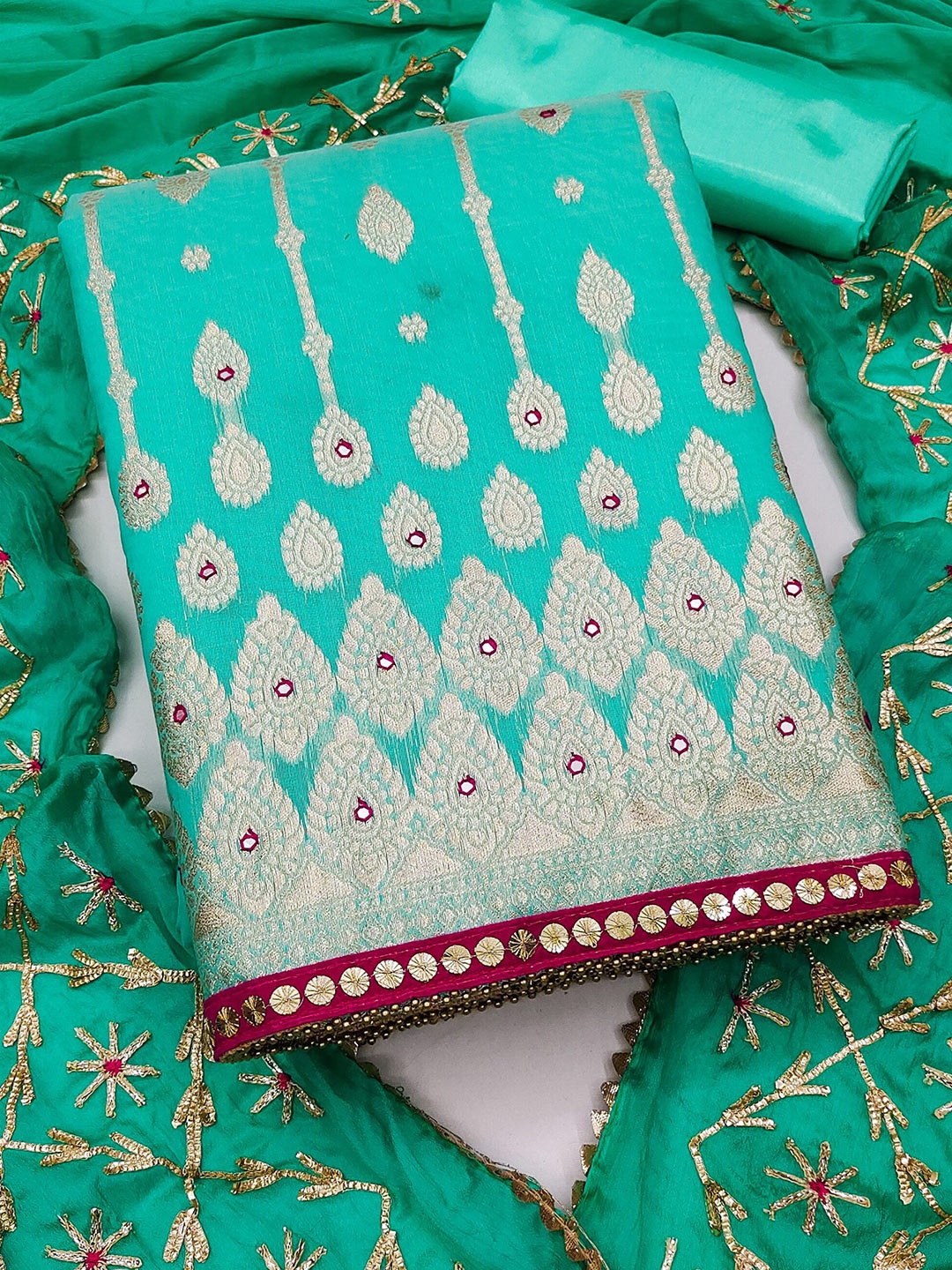 

MAHALASA Ethnic Motif Embroidered Pure Cotton Unstitched Dress Material, Sea green