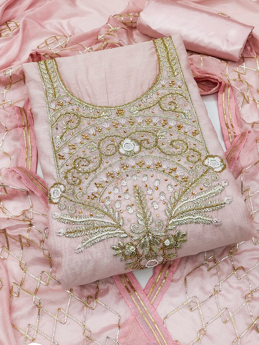 

MAHALASA Floral Embroidered Pure Cotton Unstitched Dress Material, Pink