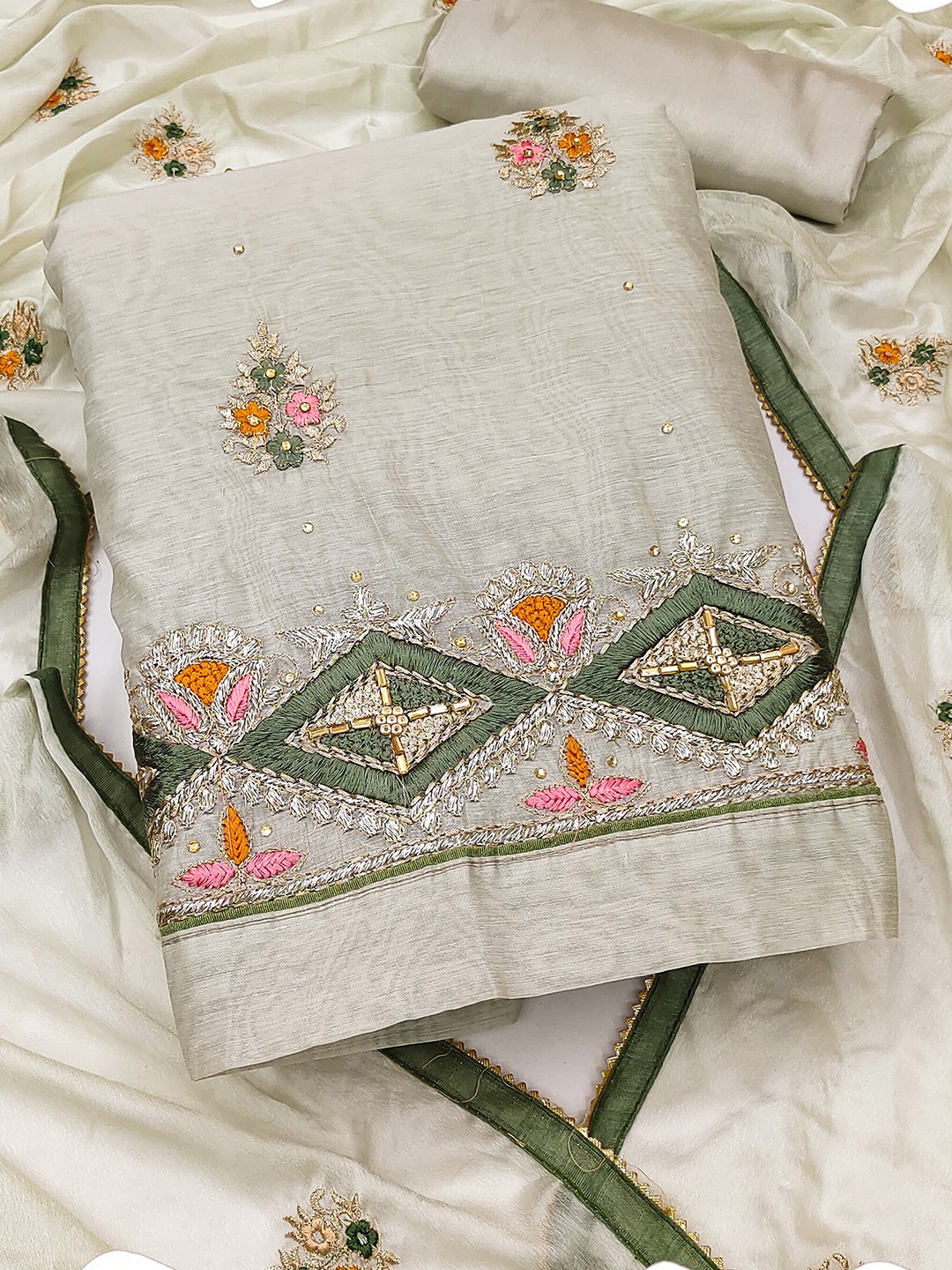 MAHALASA Ethnic Motifs Pure Cotton Unstitched Dress Material, Grey
